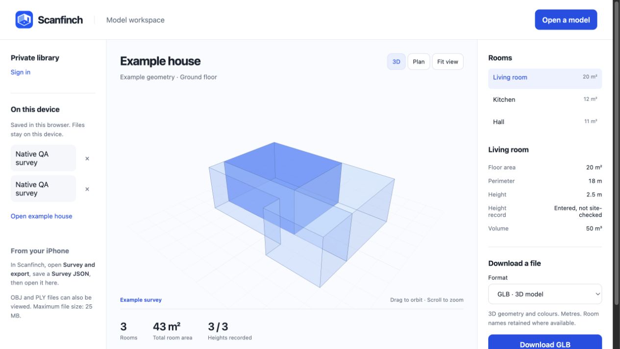 The Scanfinch model workspace showing an example house, room dimensions and a choice of export formats.